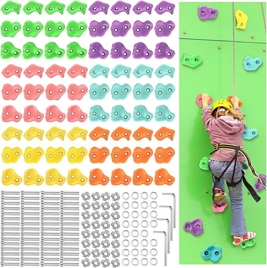 Meooeck 72 Pcs Kids Rock Wall Climbing Holds Set Colorful Grips with Mounting Screws and Hardware for DIY Indoor Outdoor Backyard Playground Back to School Birthday Gift(Pastel Color)