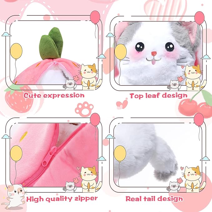 MIAODAM Cat Plush Stuffed Animals, Cute Reversible Strawberry Turn Into Cat Zip Plush, Funny Plushies Toy in A Strawberry Stuffie for Baby & Girlfriend Gift (7.8inch)