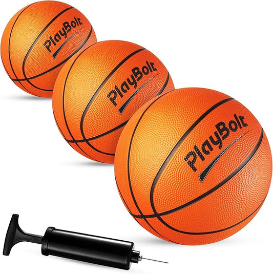 PlayBolt Size 3 Mini Basketballs (3 Pack) - 7-Inch Junior Rubber Basketball Set with Pump - Youth Beginner Kids Basketballs for Backyard Pool Parties, Arcade Games, Practice, Indoor & Outdoor Play
