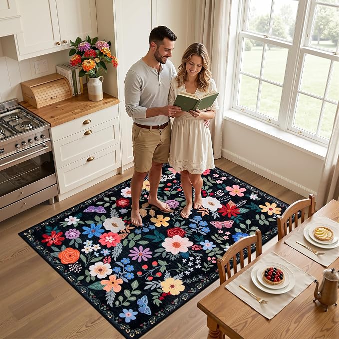 Area Rug Living Room Rugs: Floral 3x5 Washable Rug Vintage Soft Boho Non-Slip Carpet Indoor Floor Stain Resistant Large Carpets for Bedroom Dining Room Farmhouse Nursery Hallway Black