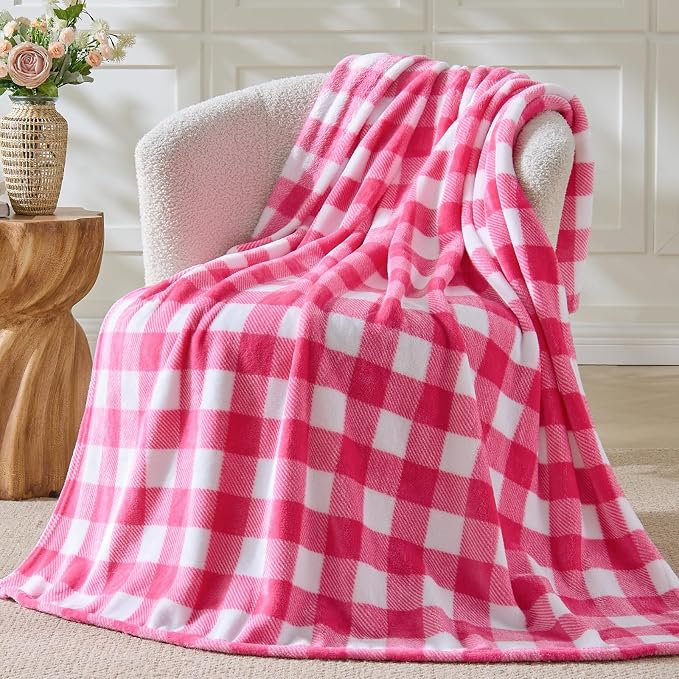 BEDELITE Plaid Fleece Throw Blanket, Pink & White Buffalo 60x80 Inches | 100% Polyester Microfibe, Soft Cozy, Lightweight Warm, Classic Buffalo Plaid, Room Decor, Gift for Women Girls, for Couch Bed