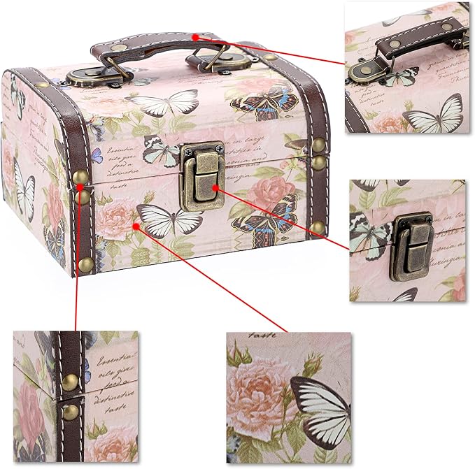 ELLDOO Decorative Treasure Chest Box, Wooden + PU Leather Storage Box for Jewelry Trinkets, Keepsakes box for Girls Women Gifts (Butterfly Pattern, Small)