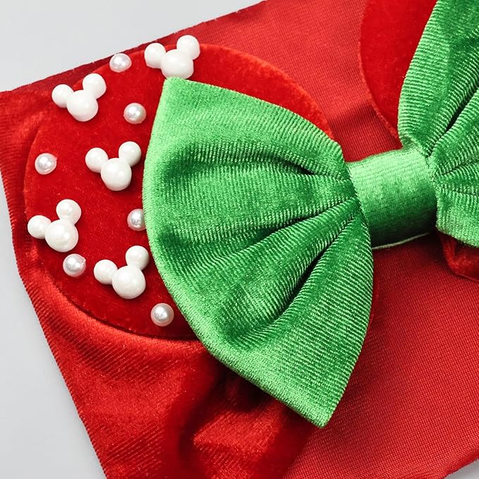 JIAHANG Christmas Mouse Ears Turban Headwrap with Pearls, Velvet Hair Bow Hairband with Beadings for Baby Girls Infants Toddlers Kids