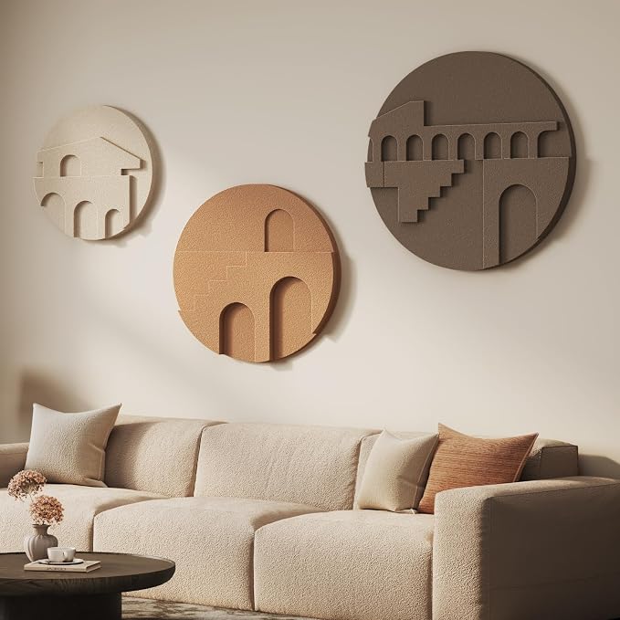 3D Textured Round Neutral Abstract Wall Art Set, 3 Piece Mid-Century Modern Geometric Sculpture Artwork for Walls, Minimalist Boho Earth Tone Paintings for Living Room Dinging Room Bedroom Wall Decor