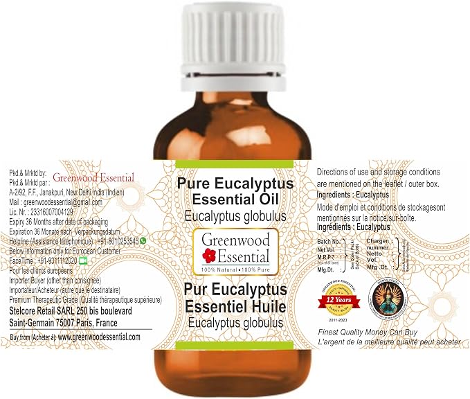 Greenwood Essential Eucalyptus Essential Oil (Eucalyptus globulus) Pure | Non-Sticky | Non-Greasy | Lightweight | Men & Women | All Skin Types | Steam Distilled 15ml (0.50 oz)