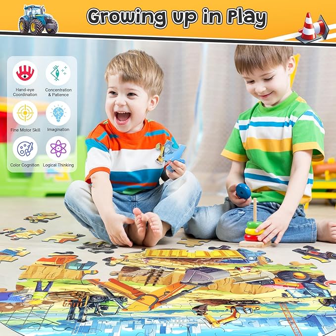 Floor Puzzles for Kids Ages 4-6, Large 70 Piece Construction Puzzles for Kids Ages 6-8 with Excavator Bulldozer Forklift Dumper Truck, Building Site Educational Toy Gifts for Boys Girls Children
