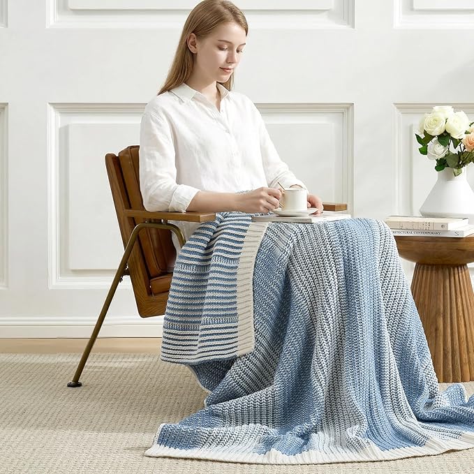 Amélie Home Premium Chenille Throw Blanket, Soft Cozy Luxury Two-Tone Knit Blanket for Couch, Sofa, Chair, Home Decor, Blue & Ivory 50"x60"
