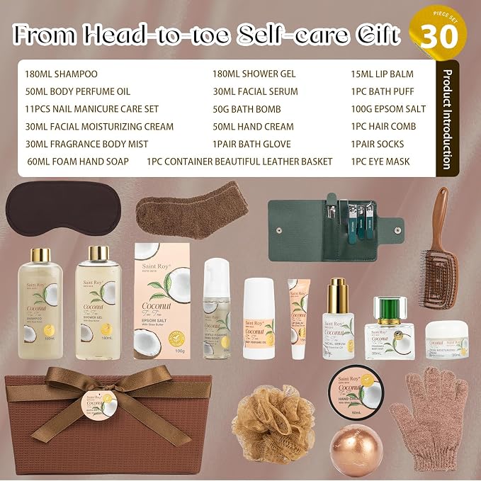 Bath and Body Basket Set TEA TREE & COCONUT Spa Gift Basket for Women & Men | 30Pcs Unique Bath Gift Baskets Gifts, Home Spa Kit Christmas Gifts, Face Skin Care Kit, birthday gift baskets for Dad Mom