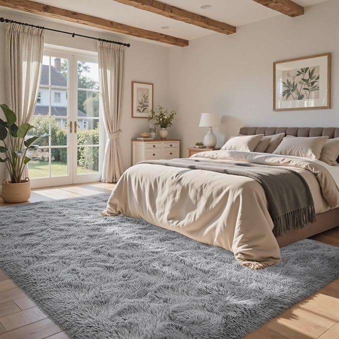 Grey Rugs for Bedroom Fluffy 4x6 ft Living Room Rug Non-Slip Area Rugs Shag Carpet for Nursery Kids Play Room Dorm Office Indoor Modern Plush Carpets Boys Light Gray