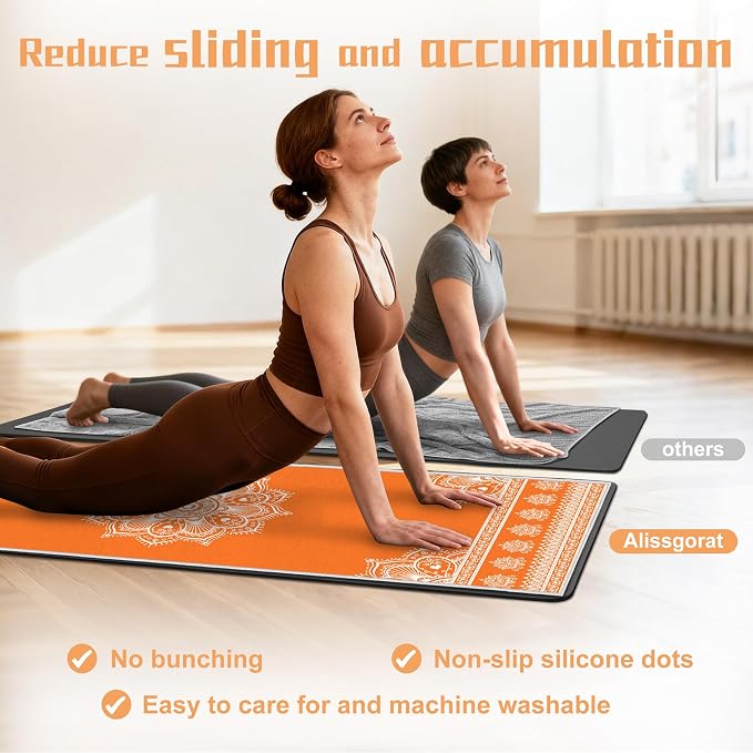 Yoga Towel,Absorbent Yoga Mat Towel for Hot Yoga Non Slip,Stylish Prints,Ideal for Workouts,Hot Yoga,Bikram,Pilates Equipment,72 x 27 in,Orange Mandala