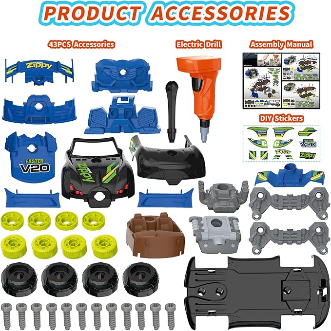 Pup Go 3-in-1 Building Car for Boys Ages 3+, Take Apart Car with Electric Drill, 43 Pcs Construction Toy Truck, Build Your Own Cars with Play Tools, Ideal Educational Present for Kids Children (Black)