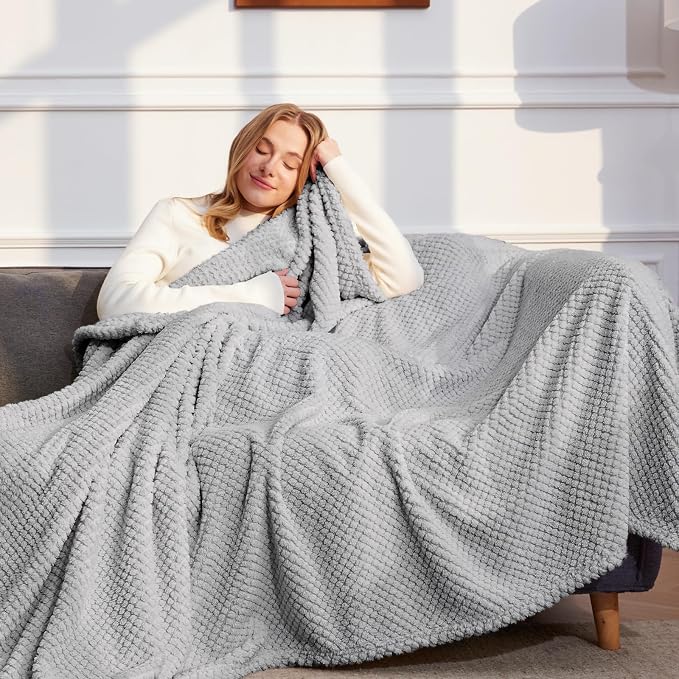 Whale Flotilla Soft Fleece King Size Bed Blanket, Light Grey | 90x104 Inch, Suitable for Bed, Fluffy Fuzzy Jacquard Blankets for All Season, Lightweight and Cozy