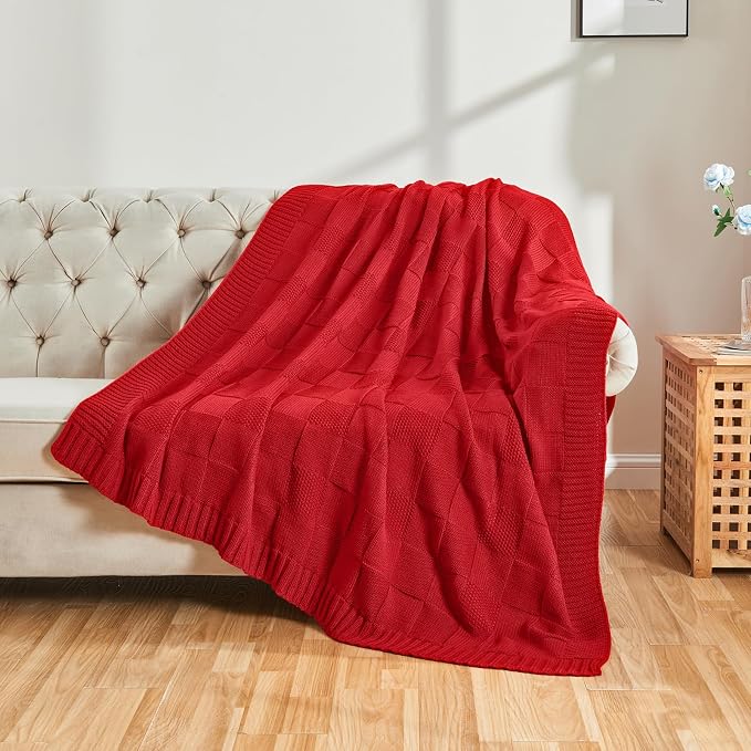 CozeCube Christmas Red Knitted Checkered Throw Blanket 50"X60" | Check Knit Throw for Couch, Decorative Christmas Soft Cozy Warm Blanket for Bed Sofa Living Room