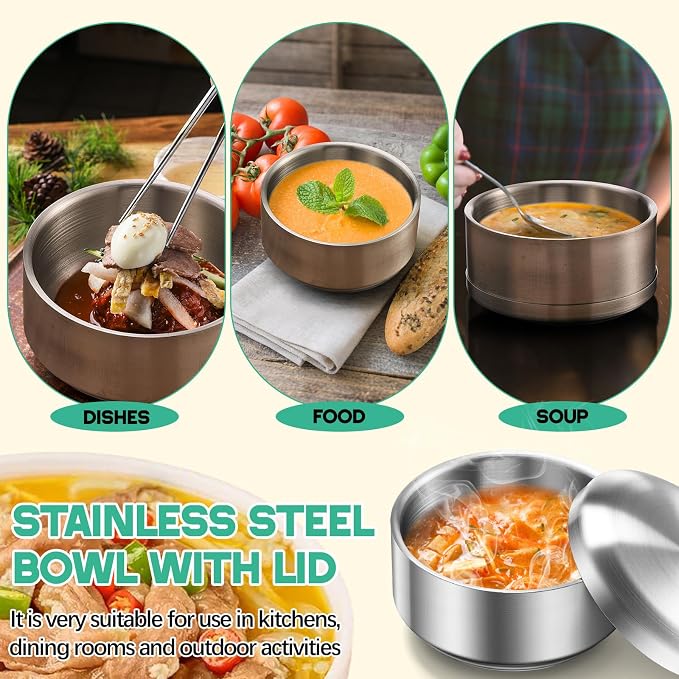 Reallnaive 6 Sets 12 oz Stainless Steel Korean Soup Rice Bowl with Lid for Cereal Kitchen Restaurant Double-walled Anti Scalding Metal Bowls for Soup Salad Noodles Insulated