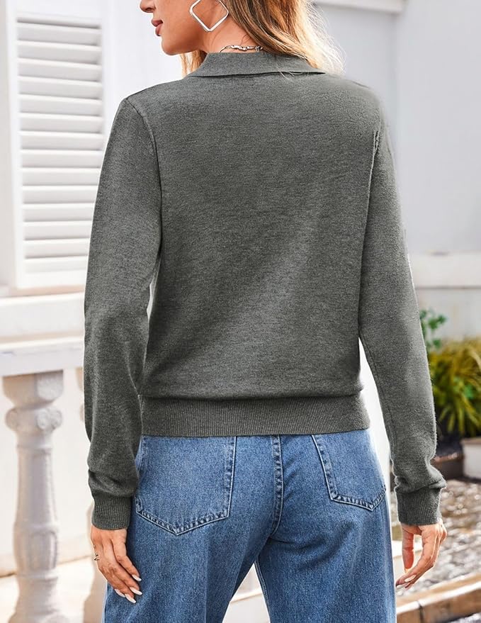 Women's Long Sleeve Classic V Neck Casual Fall Winter Polo Sweater Tops | Basic Collared Knitted Fashion Work Business Formal Daily Wear Versatile Pullover Shirts