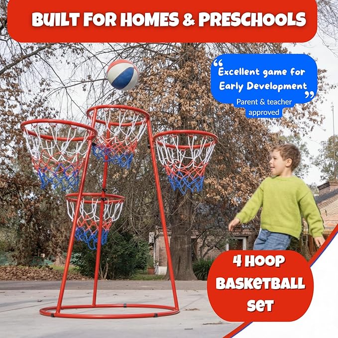 Activejoy- 4 Hoop Basketball Set - Toddler Basketball Hoop Indoor - Outdoor Play Preschool - +3 Years Old Toy. Includes 2 Balls and air Pump