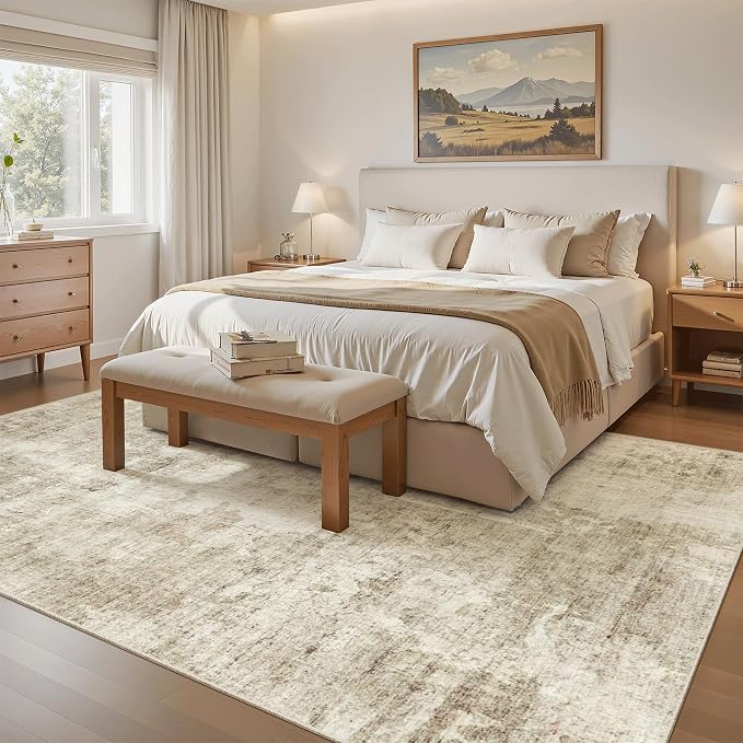 Soalmost Abstract Rug 5x8 Washable Area Rugs for Living Room, Beige/Gray | Vintage Non-Slip Indoor Accent for Bedroom Dining, Foldable Stain Resistant Floor Carpet Mat Under Table Home Office Decor