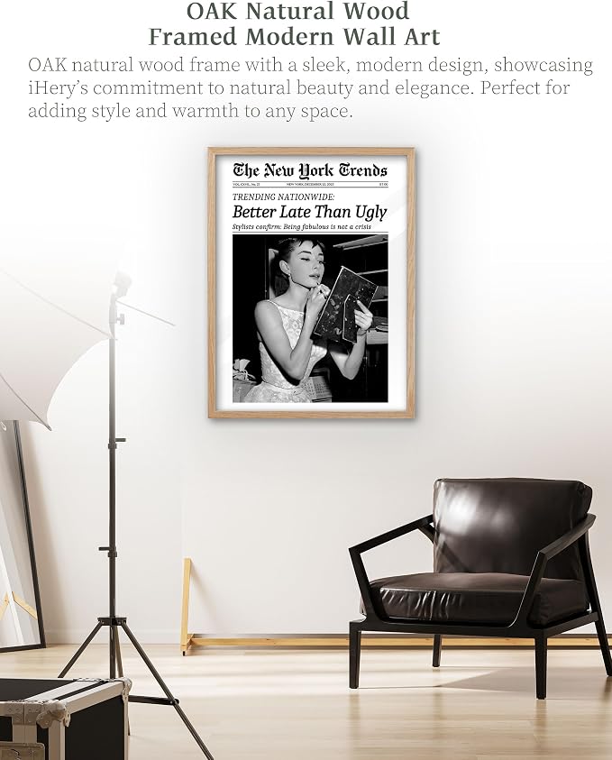 iHery 12x16in Hepburn Better Late Than Ugly Framed Bathroom Wall Art | Natural OAK Wood Frame with Canvas Print, Retro Black and White Decor for Bathroom, Bedroom, Apartment and Girly Room, 1Pack