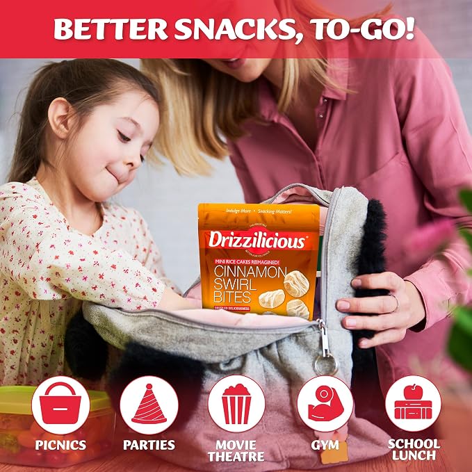 Drizzilicious Mini Flavored Rice Cakes Cinnamon Swirl - Rice Crisps, Healthy Snack for Adults and Kids, Vegan, Gluten Free Snack, Allergen Free, Only 90 Calories Per Bag - 0.74 oz (Pack of 10)