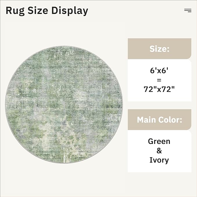 Soalmost Abstract 6x6 Round Rug 6ft Circle Living Room Rugs, Green/Ivory | Washable Vintage Indoor Carpet for Dining Bedroom, Low Pile Stain Resistant Foldable Floor Mat Entryway Home Office Decor