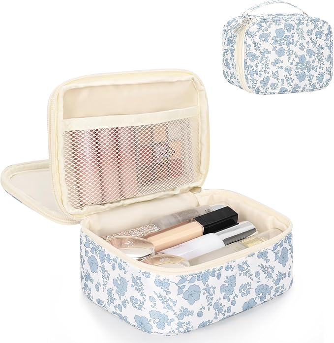 Relavel Travel Makeup Bag, Mini Floral Cosmetic Bag with 2 Makeup Brush Holders, Portable Makeup Pouch for Women, Cute Toiletry Bag with Double Layer Organizer, Blue Flower-Smaller