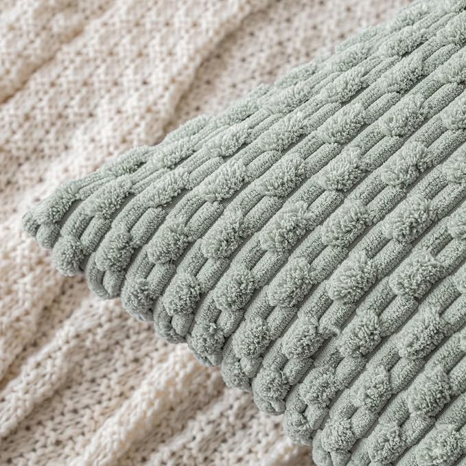 MIULEE Lumbar Decorative Throw Pillow Covers 12x20 Greyish Green Corduroy | Textured Striped Pack of 2 Striped Pillow Covers Modern Farmhouse Home Decor for Couch Bed Sofa Living Room