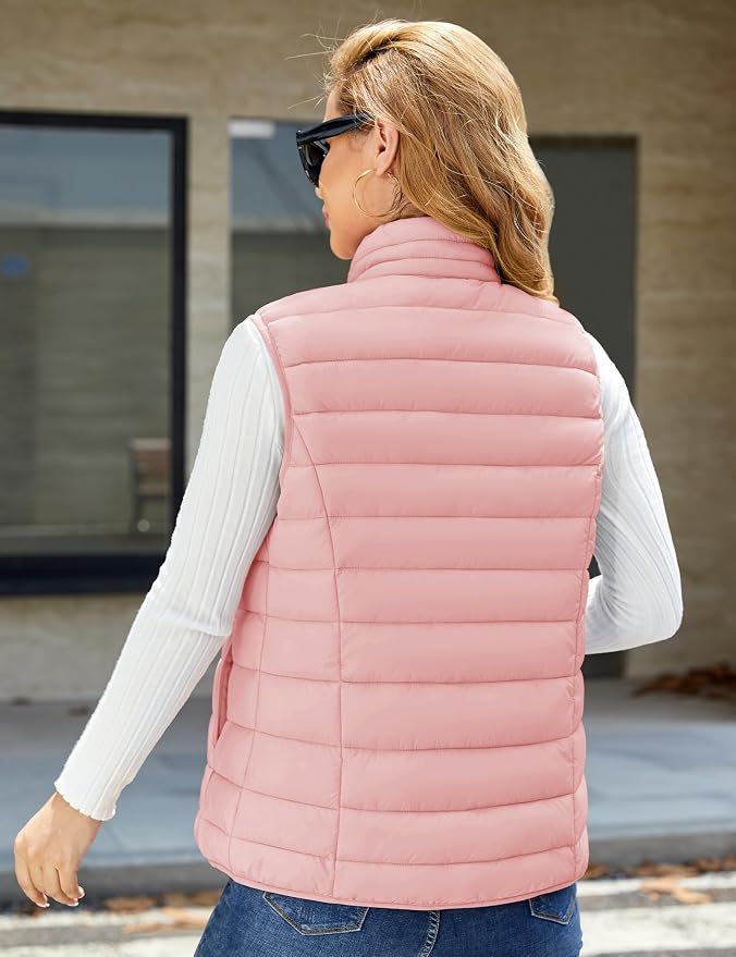 MAGCOMSEN Women's Puffer Vest Lightweight Stand Collar Zip 4 Pockets Puffy Vests Sleeveless Quilted Padded Outerwear