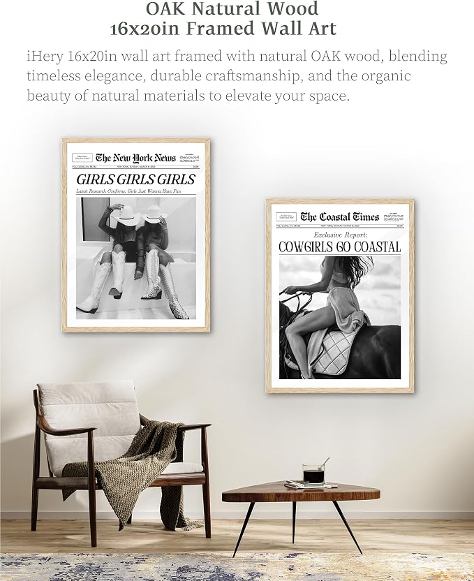 iHery 16x20in Cowgirls Go Coastal Framed Newspaper Wall Art | Natural OAK Wood Frame with Canvas Print, Western Horseback Decor for Bedroom, Dorm, Living Room and Gallery Wall, 1Pack