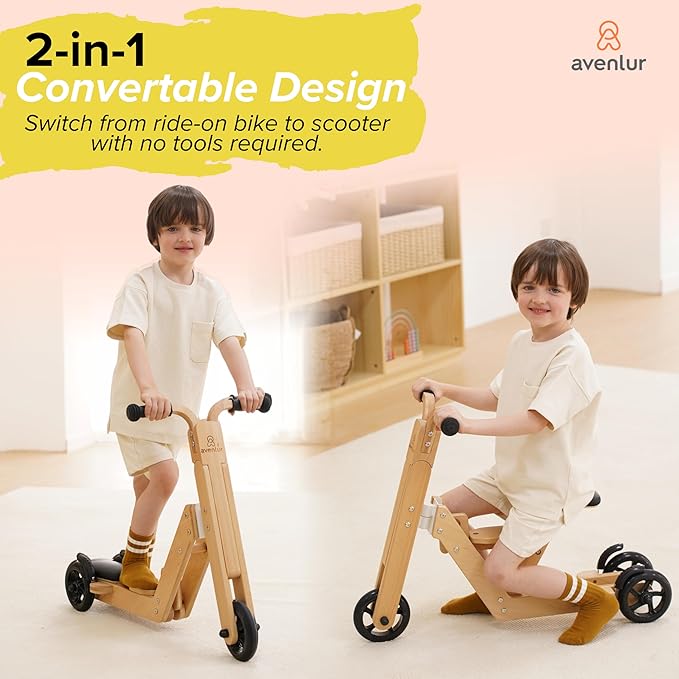 Avenlur Juneberry 2-in-1 Wooden Scooter & Ride-On Toy – Toddler Balance Bike & Scoot Toy for 2yr–5yr | Hape Scoot Bike Style, Best Gift for Boys & Girls Age-Appropriate Toys | Indoor Ride-On