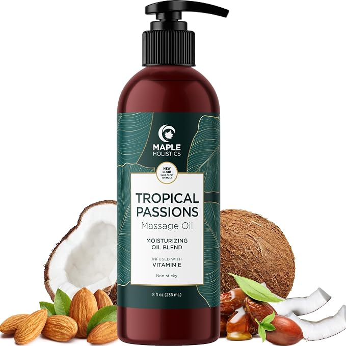Luxurious Vanilla & Tropical Passions Massage Oil Set - Aromatherapy Full Body Massage Oil for Couples Bundle with Naturally Scented Vegan & Non GMO Ingredients (8 Fl Oz Each)