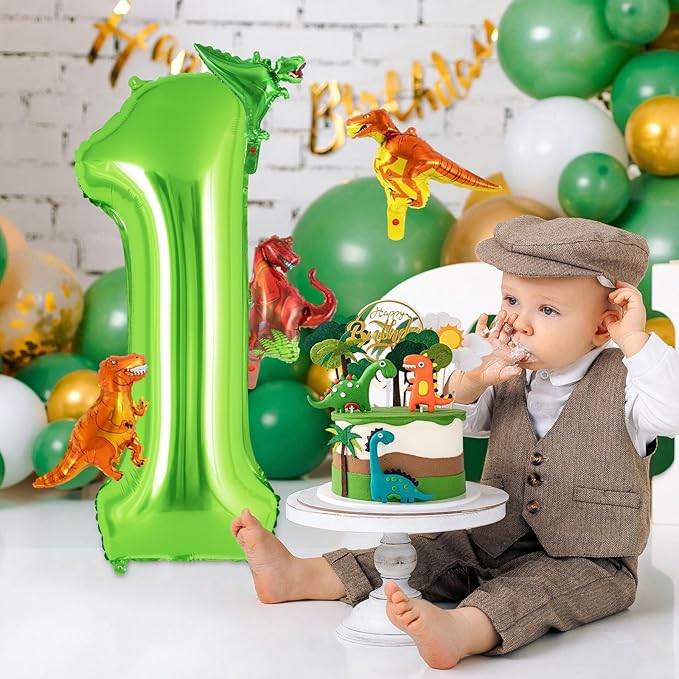 Dinosaur Green Number 1 Balloon, 40 Inch Big Large Foil Helium Green Number Balloon with 4 Pcs Mini Dinosuar, Dinosuar Mylar Balloons Set for 1st First Birthday Party Decorations Supplies