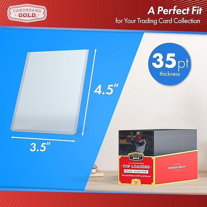 Cardboard Gold - 35pt Top Loaders for Cards with Bonus Soft Sleeves - 100 Count - Premium 3x4 Inch Trading Card Toploaders - Protect Your Baseball and Sports Cards with These Hard Plastic Protectors