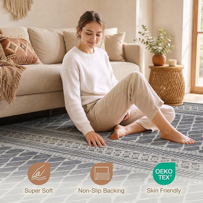 cotiled 5x8 Area Rugs Living Room Rug: Washable Boho Rugs with Non Slip Backing Large Soft Indoor Stain Resistant Carpet for Bedroom Farmhouse Dining Room Lightweight Home Decor Charcoal Grey