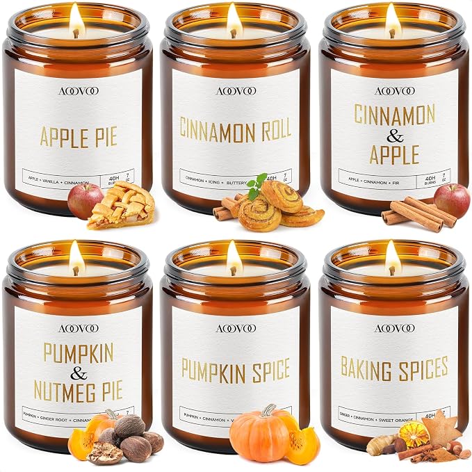 AOOVOO Fall Scented Candles - 6 PC Candle, 42 oz Soy Candles, Soy Candle for Home Scented, Apple Pie/Cinnamon Roll/Cinnamon Apple/Pumpkin Nutmeg Pie/Pumpkin Spice/Baking Spice