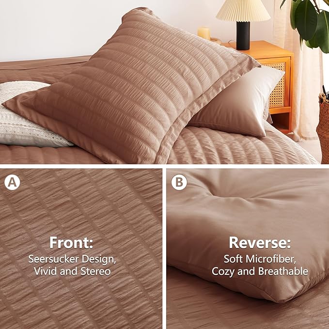 CozyLux Queen Comforter Set Mocha Mousse Seersucker 7 Pieces Bed in a Bag Queen Comforter Set with Sheets, Luxury Bedding Sets with Down Alternative Comforter, Sheets, Pillowcases & Shams All Seasons