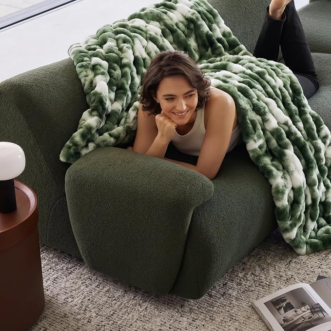 Cozy Bliss Faux Fur Throw for Couch, Fuzzy Soft Plush Thick Bubble Blanket for Sofa Bedroom Living Room, 50x60 Inches Tie-dye Olive Green