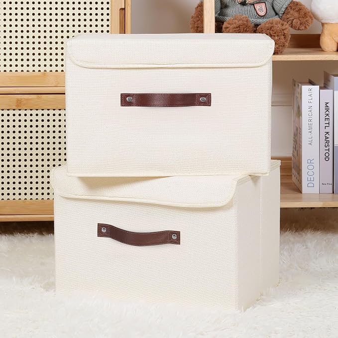 ANMINY Fabric Storage Box Bins with Lids, Beige, 15"x10"x10", 4 Pack | Keepsake Memory Storage, Cotton Linen, PP Board Reinforced, Washable, PU Handles, Foldable & Stackable, Decorative, Large