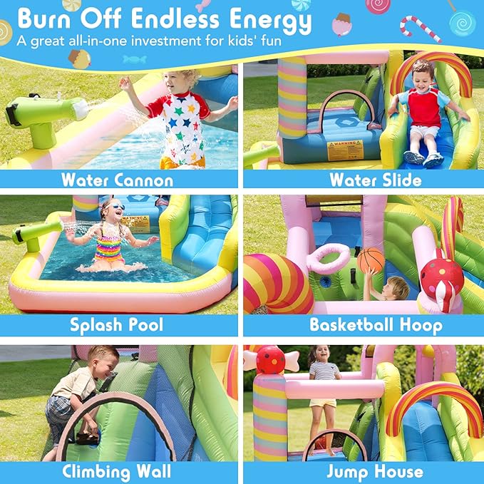 NBSPORT Inflatable Bounce House Water Slide, 6 in 1 Sweet Candy Water Park, Wet Dry Combo Bouncy Castle with 450W Blower, Splash Pool, Water Slide for Kids and Adults Backyard Party Gifts