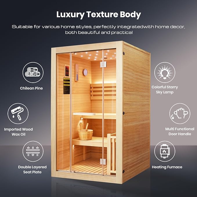 OUTEXER Steam Sauna Traditional Saunas Home Spa Room for 2-3 Person Wet Indoor Saunas 7 Color LED Lights with 240V 3KW Heater,Sauna Stone,Wooden Bucket,Spoon,Thermometer,Hourglass,Cup Holder