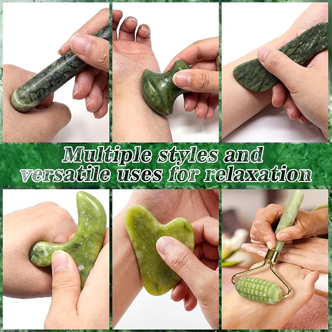 Sliner 6 Pcs Natural Jade Foot Massage Tool Set Jade Deep Tissue Point Massage Tool Foot Reflexology Massager Gua Sha Scraping Stone for Feet Care Relaxation Muscles Soreness Pain Relief