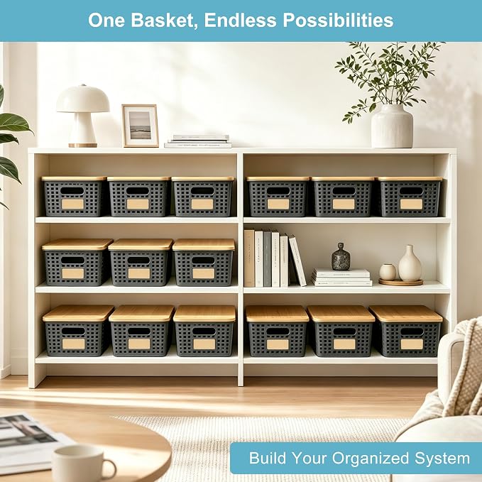 Small Plastic Storage Bins with Bamboo Lids 5.2qt Stackable Box Basket Pantry Decorative Containers Cute with Lable for Organizing Desktop Closet Office Gray of 6 packs 10 * 7.2 * 4.1"