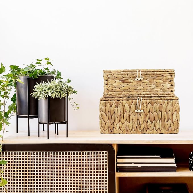 Water Hyacinth Wicker Baskets with Lids, Set of 2 | Small and Medium Storage Boxes, Shelf Organizer Bins, Rectangular Woven Design, Multipurpose Home Storage, Natural Decor