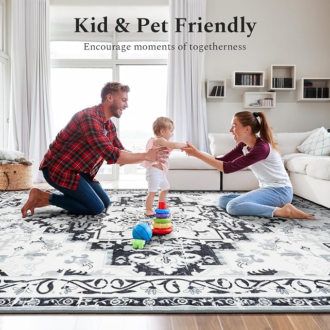 Rugflix 6x9 Area Rugs for Living Room, Washable Light Grey Large Rug | Machine Washable; Stain-Resistant; Low Pile; Non-Slip; Boho Vintage Printed; Carpet for Bedroom Dining Office Nursery Home
