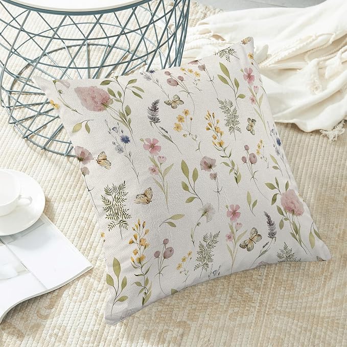 Spring Pillow Covers 18x18 Inch Set of 2, Sage Green Pink Wild Flower Throw Pillows Case,Colorful Seasonal Floral Plant Outdoor Decorative Farmhouse Decor Cushion Covers for Home Sofa Bed Couch