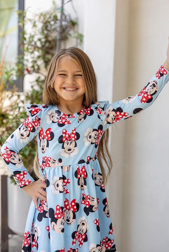Disney Frozen Elsa Stitch Princess Minnie Mouse Toddler Girl Dresses 2 Pack Ruffle Long Sleeve Dress Set (3 Months - 6 Years)