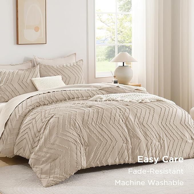 Andency Khaki Comforter Set King Size, Farmhouse Shabby Chic Boho Soft Fluffy Warm Lightweight Bedding Comforter Sets for King Bed, 3 Pieces Chevron Tufted Aesthetic Microfiber Lightweight Bed Set
