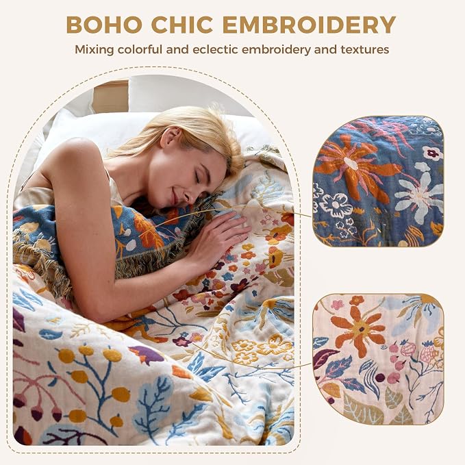 LUTBM Boho Throw Blanket for Couch 50"x60", Cotton Decorative Bed Throws | Reversible Floral Leaves Jacquard, All-Season Lightweight Soft Blanket, For Chair Sofa Bedroom Living Room Decor, Accent Gift