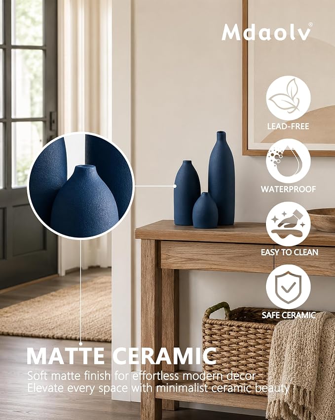Mdaolv Matte Blue Vase Set Navy Blue Decor Coastal Decor Vases for Kitchen Island Living Room Office Table Fireplace Mantle Decorations & Bathroom Shelf Decor Centerpiece Table Decorations Ceramic