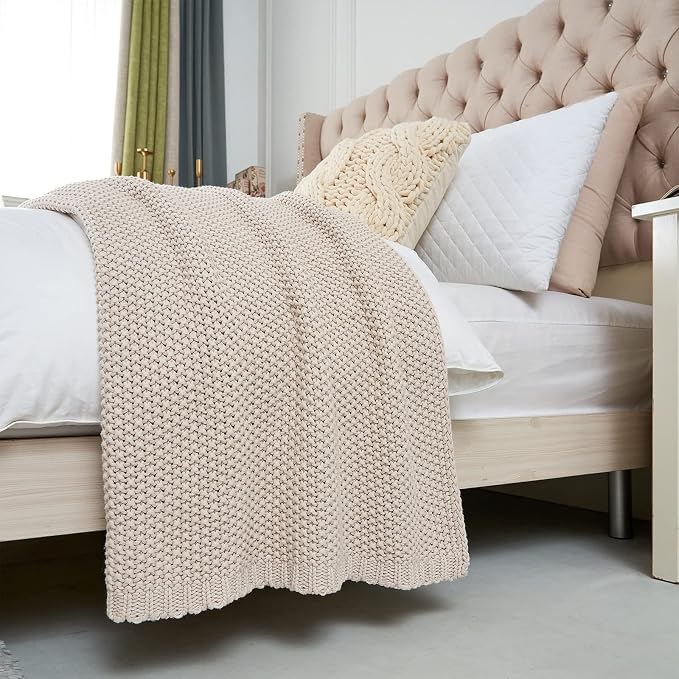Chunky Cable Knit Throw Blanket Lightweight Beige 100% Organic Cotton Blanket for Sofa Couch Bed Baby Nursery, Rustic Shabby Chic Modern Farmhouse, 51” x 63” Give Laundering Bag