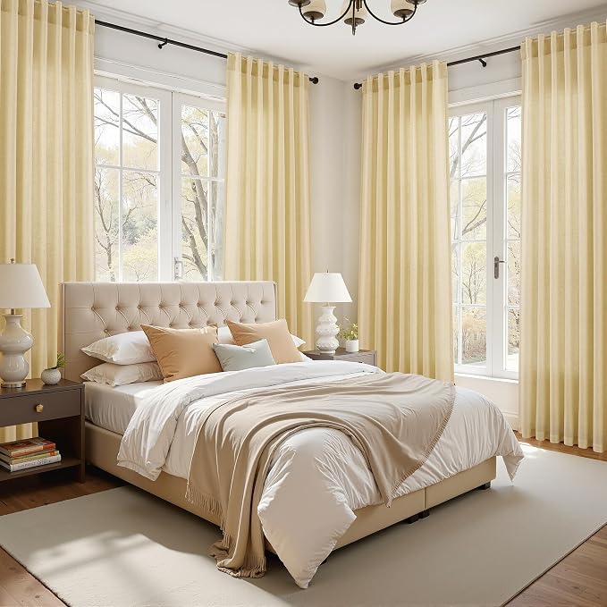 Nanspring Modern Farmhouse Curtains Linen for Living Room 84 Inches Long Cream Yellow Light Filtering Sheer Curtains Back Tab and Rod Pocket Privacy Curtain for Bedroom Office 52x84, 2 Panels